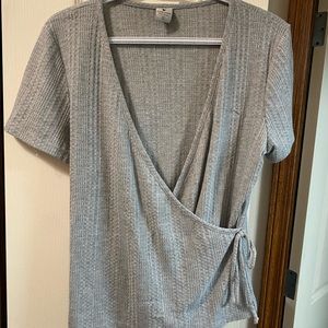 Grey wrap shirt. Really cute.